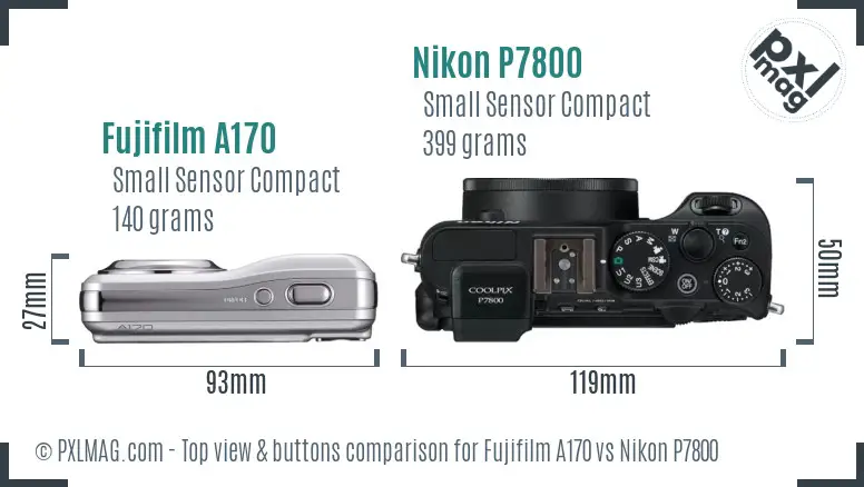 Fujifilm A170 vs Nikon P7800 top view buttons comparison