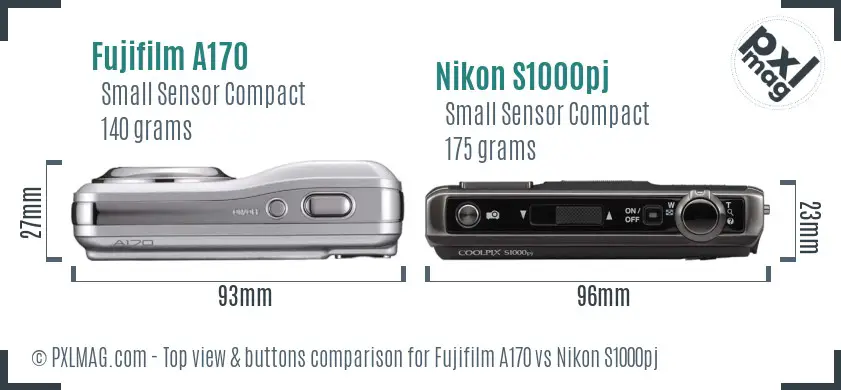 Fujifilm A170 vs Nikon S1000pj top view buttons comparison