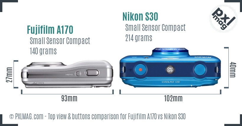 Fujifilm A170 vs Nikon S30 top view buttons comparison