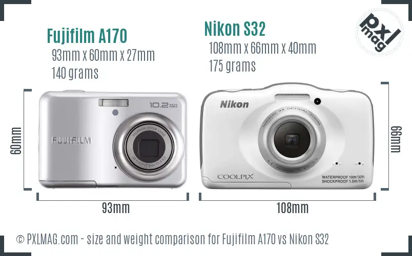 Fujifilm A170 vs Nikon S32 size comparison