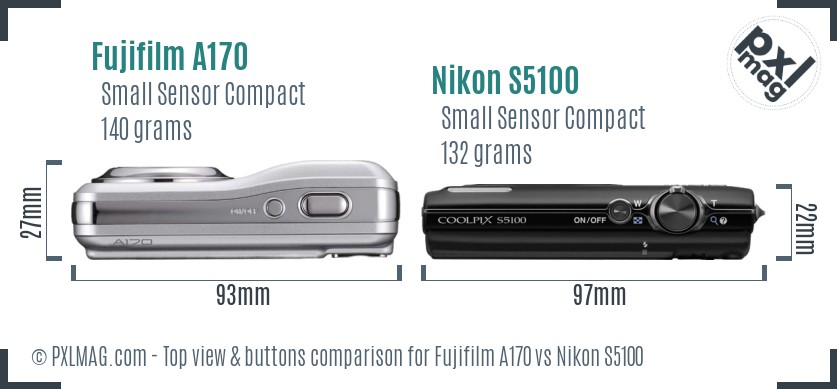 Fujifilm A170 vs Nikon S5100 top view buttons comparison