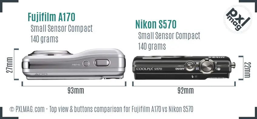 Fujifilm A170 vs Nikon S570 top view buttons comparison