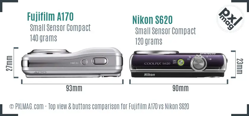 Fujifilm A170 vs Nikon S620 top view buttons comparison Fujifilm A170 vs Nikon S620 top view buttons comparison