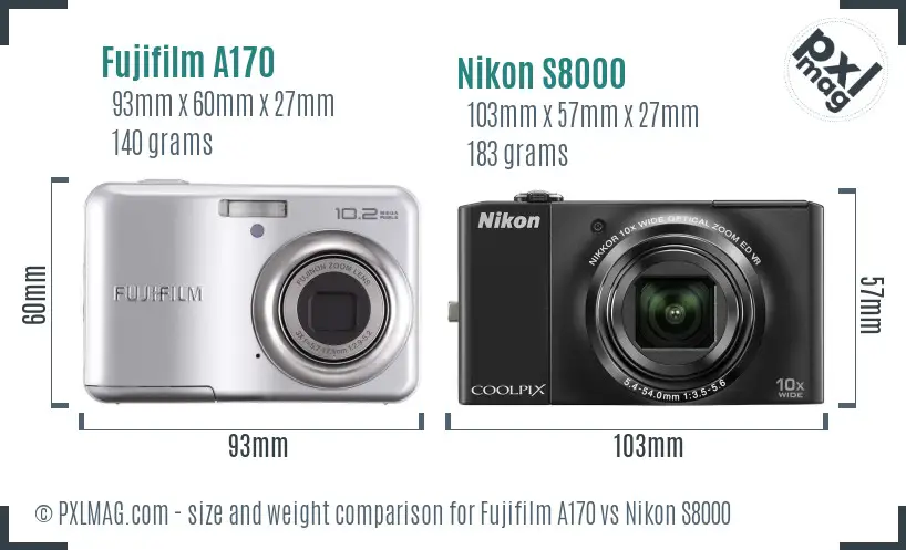 Fujifilm A170 vs Nikon S8000 size comparison