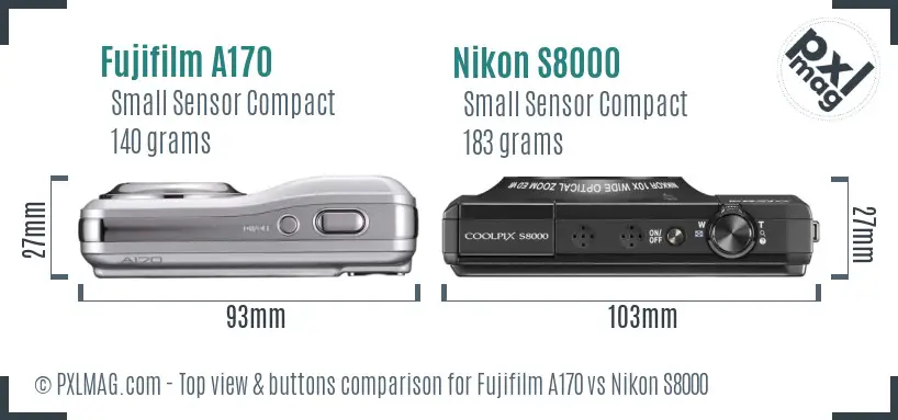 Fujifilm A170 vs Nikon S8000 top view buttons comparison