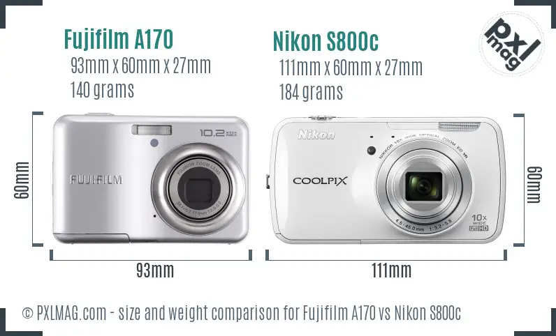 Fujifilm A170 vs Nikon S800c size comparison