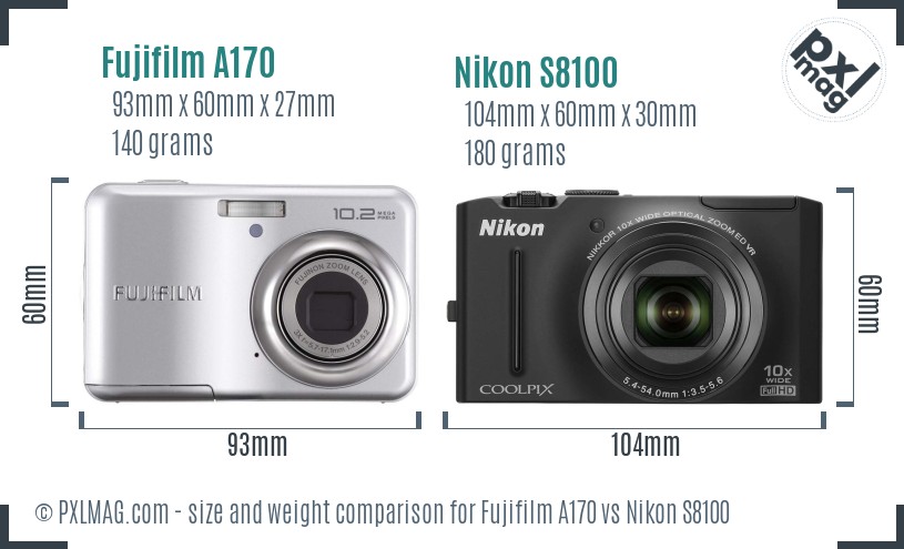 Fujifilm A170 vs Nikon S8100 size comparison