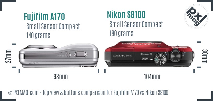 Fujifilm A170 vs Nikon S8100 top view buttons comparison