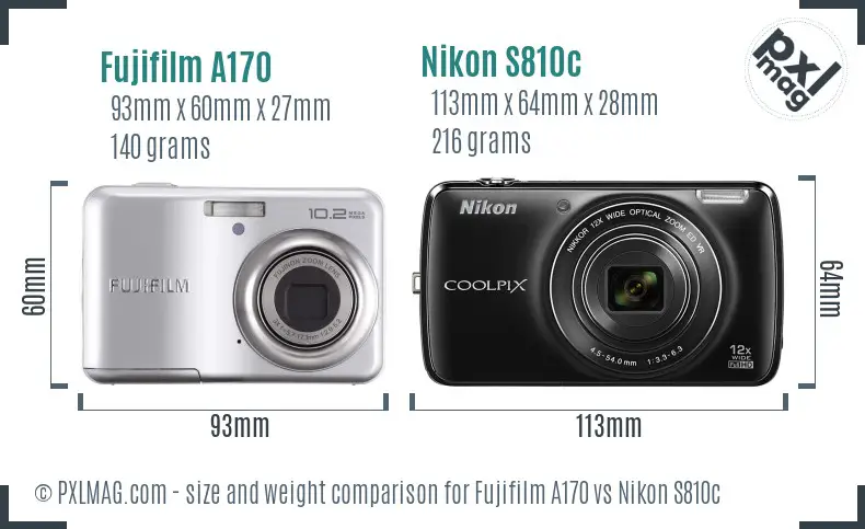 Fujifilm A170 vs Nikon S810c size comparison