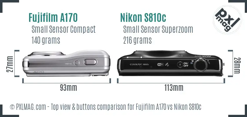 Fujifilm A170 vs Nikon S810c top view buttons comparison