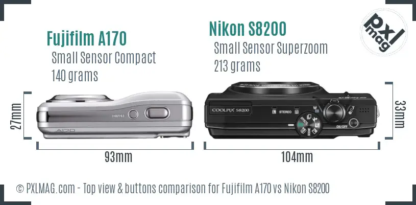Fujifilm A170 vs Nikon S8200 top view buttons comparison Fujifilm A170 vs Nikon S8200 top view buttons comparison