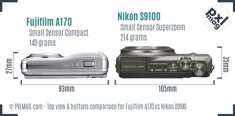 Fujifilm A170 vs Nikon S9100 top view buttons comparison