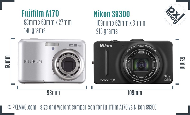 Fujifilm A170 vs Nikon S9300 size comparison