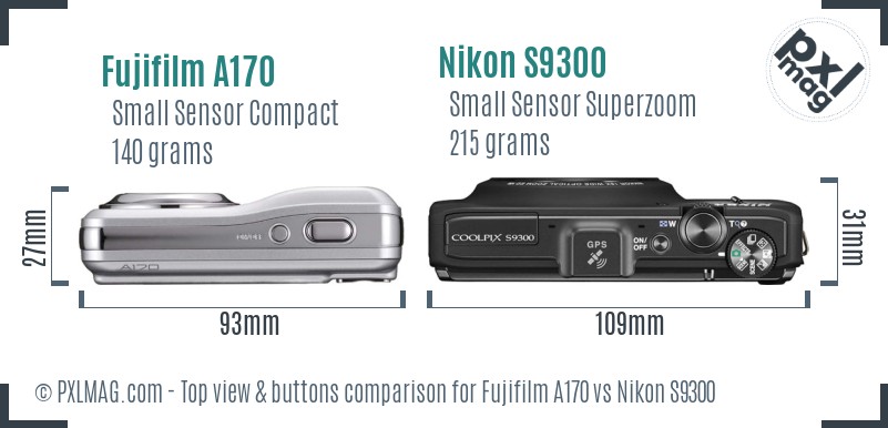 Fujifilm A170 vs Nikon S9300 top view buttons comparison