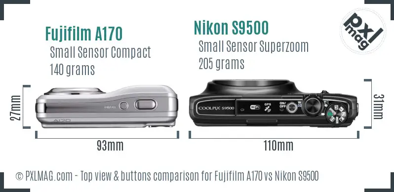 Fujifilm A170 vs Nikon S9500 top view buttons comparison Fujifilm A170 vs Nikon S9500 top view buttons comparison