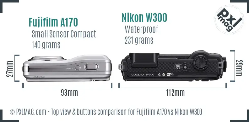 Fujifilm A170 vs Nikon W300 top view buttons comparison