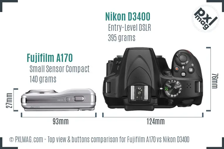 Fujifilm A170 vs Nikon D3400 top view buttons comparison