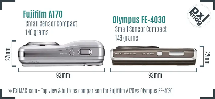 Fujifilm A170 vs Olympus FE-4030 top view buttons comparison