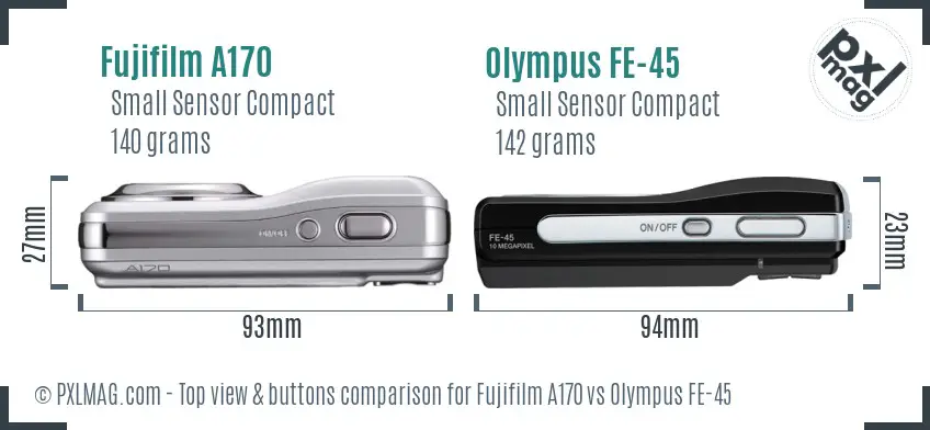 Fujifilm A170 vs Olympus FE-45 top view buttons comparison