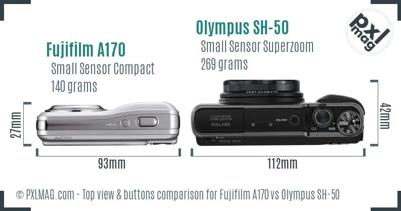 Fujifilm A170 vs Olympus SH-50 top view buttons comparison Fujifilm A170 vs Olympus SH-50 top view buttons comparison