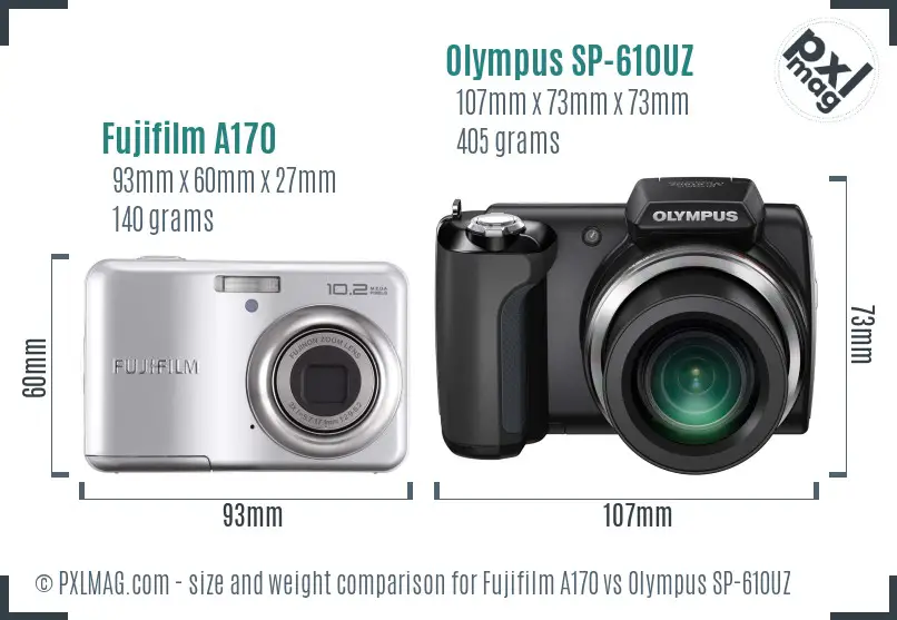 Fujifilm A170 vs Olympus SP-610UZ size comparison Fujifilm A170 vs Olympus SP-610UZ size comparison