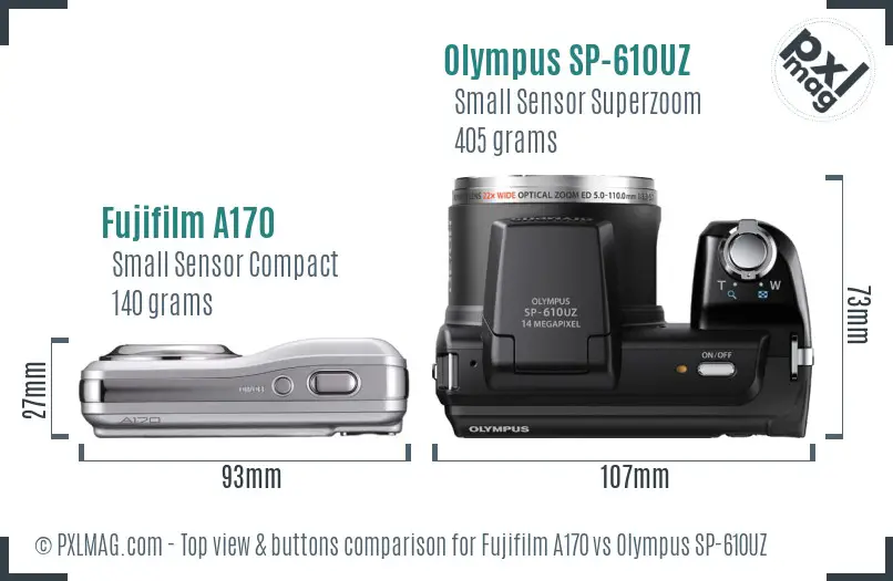 Fujifilm A170 vs Olympus SP-610UZ top view buttons comparison Fujifilm A170 vs Olympus SP-610UZ top view buttons comparison