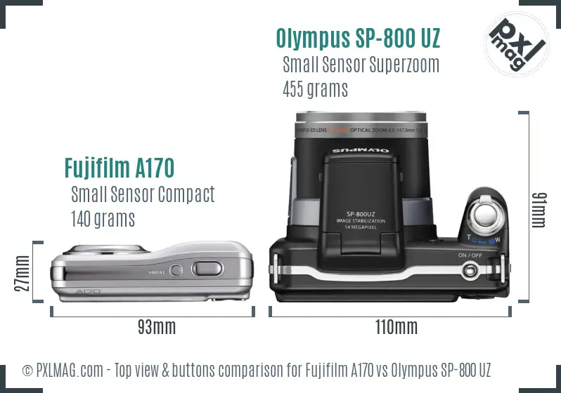 Fujifilm A170 vs Olympus SP-800 UZ top view buttons comparison
