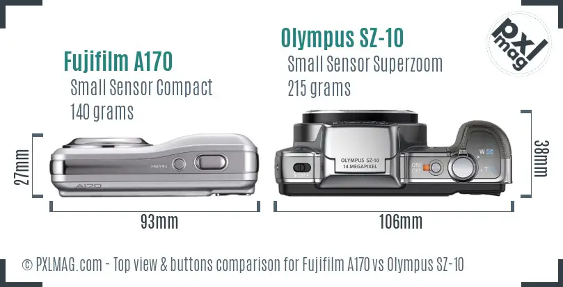 Fujifilm A170 vs Olympus SZ-10 top view buttons comparison