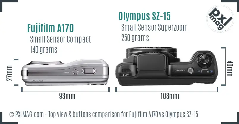 Fujifilm A170 vs Olympus SZ-15 top view buttons comparison