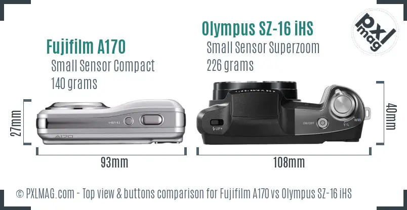 Fujifilm A170 vs Olympus SZ-16 iHS top view buttons comparison Fujifilm A170 vs Olympus SZ-16 iHS top view buttons comparison