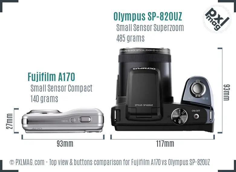 Fujifilm A170 vs Olympus SP-820UZ top view buttons comparison