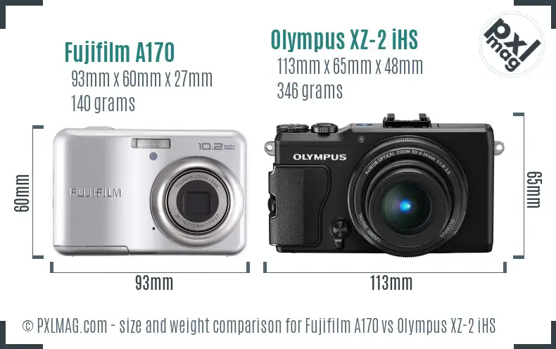 Fujifilm A170 vs Olympus XZ-2 iHS size comparison