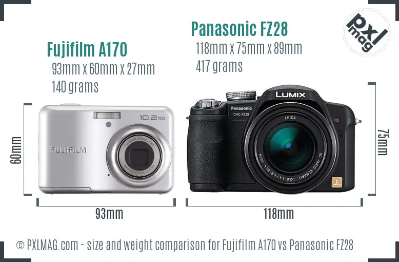 Fujifilm A170 vs Panasonic FZ28 size comparison