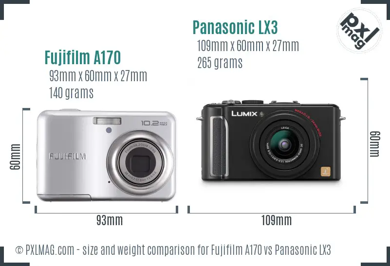 Fujifilm A170 vs Panasonic LX3 size comparison