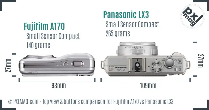 Fujifilm A170 vs Panasonic LX3 top view buttons comparison