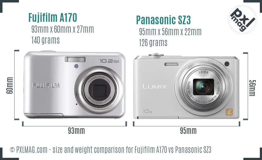 Fujifilm A170 vs Panasonic SZ3 size comparison