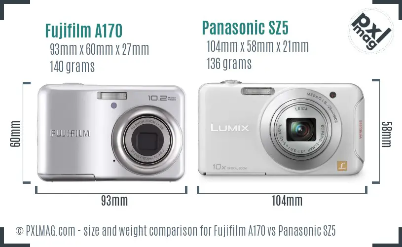 Fujifilm A170 vs Panasonic SZ5 size comparison