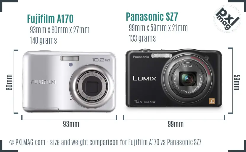 Fujifilm A170 vs Panasonic SZ7 size comparison
