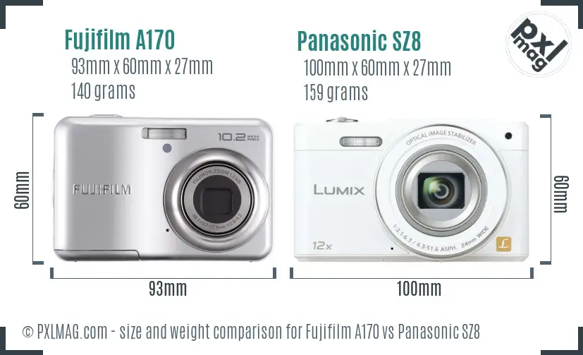Fujifilm A170 vs Panasonic SZ8 size comparison