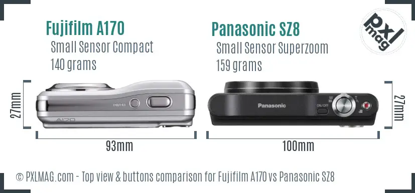 Fujifilm A170 vs Panasonic SZ8 top view buttons comparison