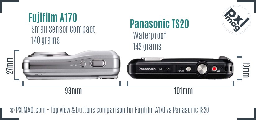 Fujifilm A170 vs Panasonic TS20 top view buttons comparison