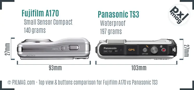 Fujifilm A170 vs Panasonic TS3 top view buttons comparison Fujifilm A170 vs Panasonic TS3 top view buttons comparison