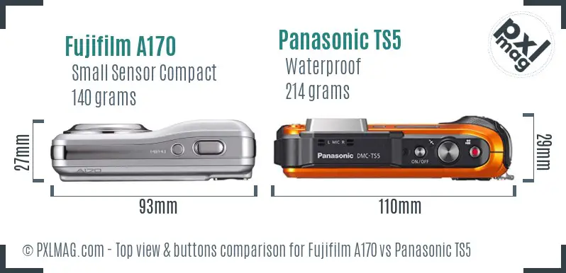 Fujifilm A170 vs Panasonic TS5 top view buttons comparison Fujifilm A170 vs Panasonic TS5 top view buttons comparison