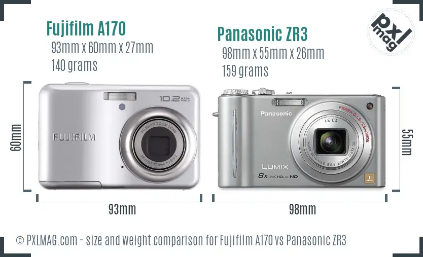 Fujifilm A170 vs Panasonic ZR3 size comparison