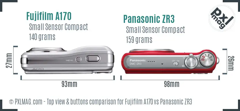 Fujifilm A170 vs Panasonic ZR3 top view buttons comparison