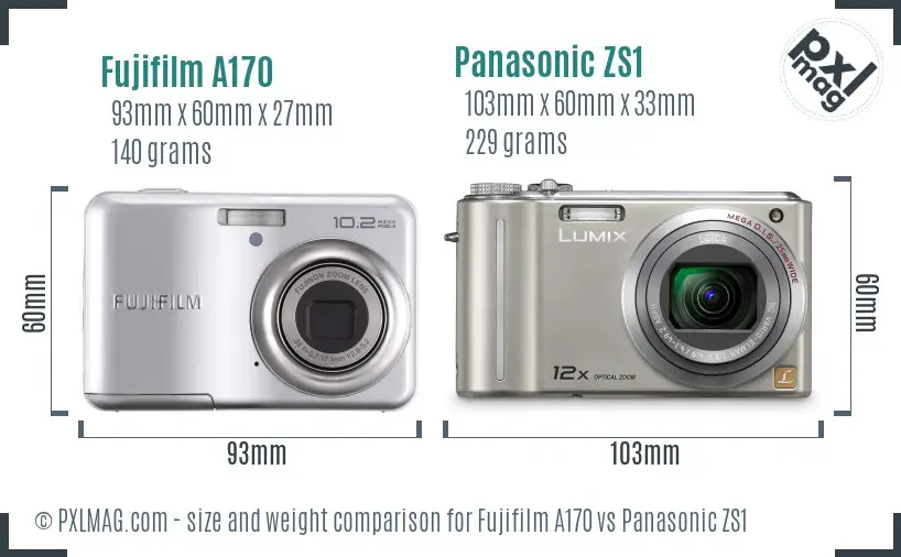 Fujifilm A170 vs Panasonic ZS1 size comparison