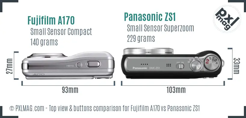 Fujifilm A170 vs Panasonic ZS1 top view buttons comparison