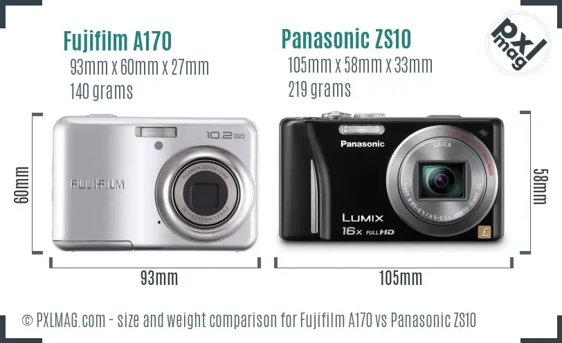 Fujifilm A170 vs Panasonic ZS10 size comparison