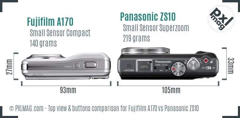 Fujifilm A170 vs Panasonic ZS10 top view buttons comparison