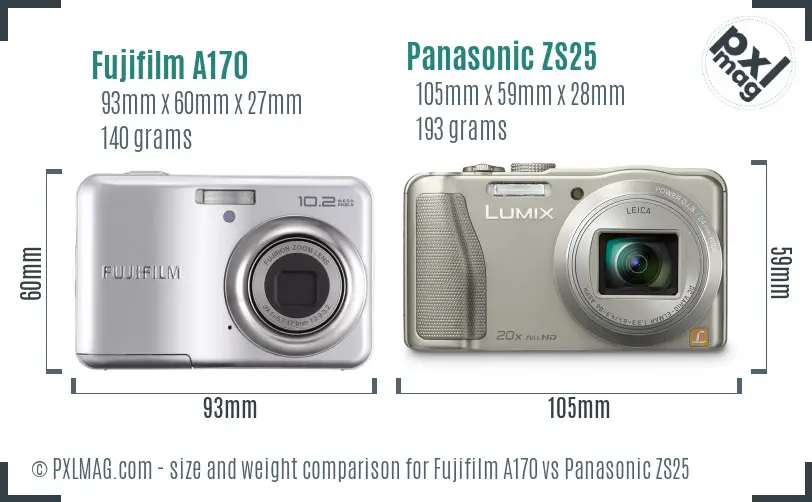 Fujifilm A170 vs Panasonic ZS25 size comparison